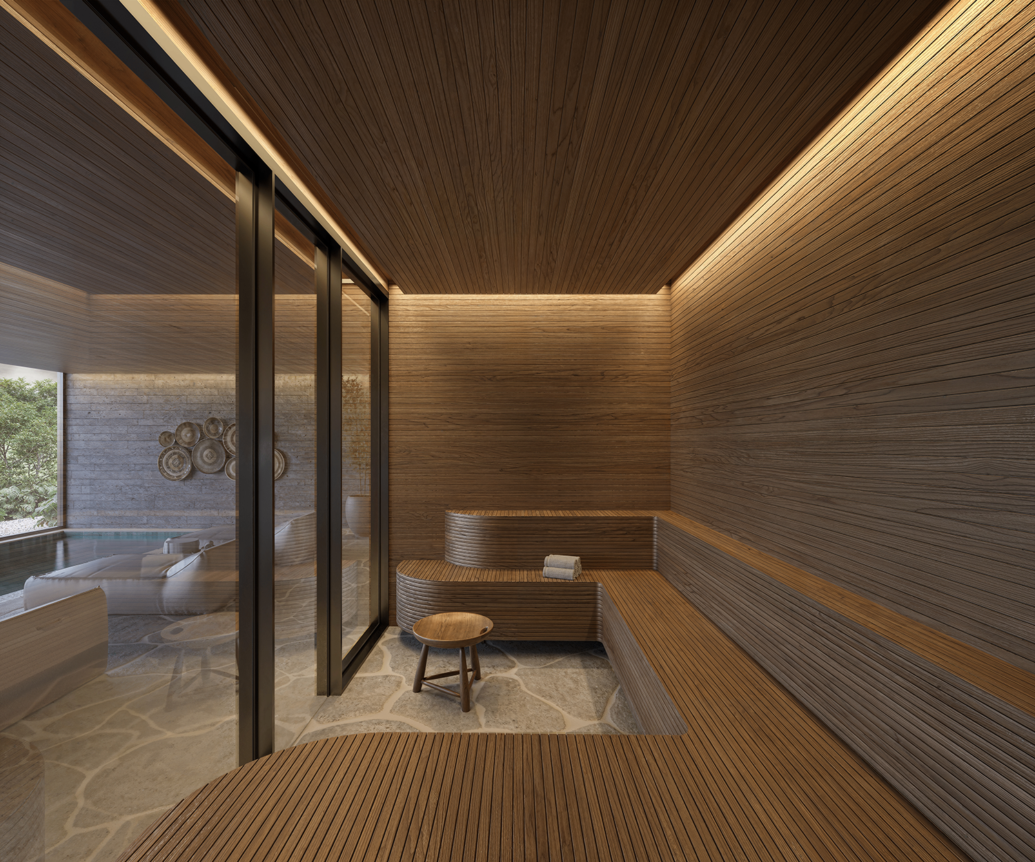 Sauna com revestimento em madeira natural